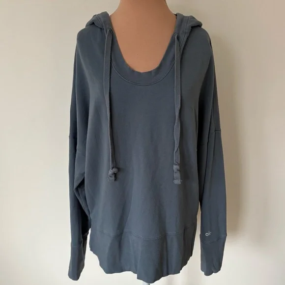 ALO YOGA Fluid Tunic Hoodie Tunic Concrete Gray Blue Scooped Neck Sweatshirt M - Picture 3 of 9